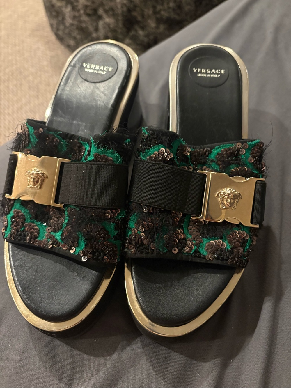 Versace Black and Green Sequin Slide Sandals with Gold Medusa Buckle